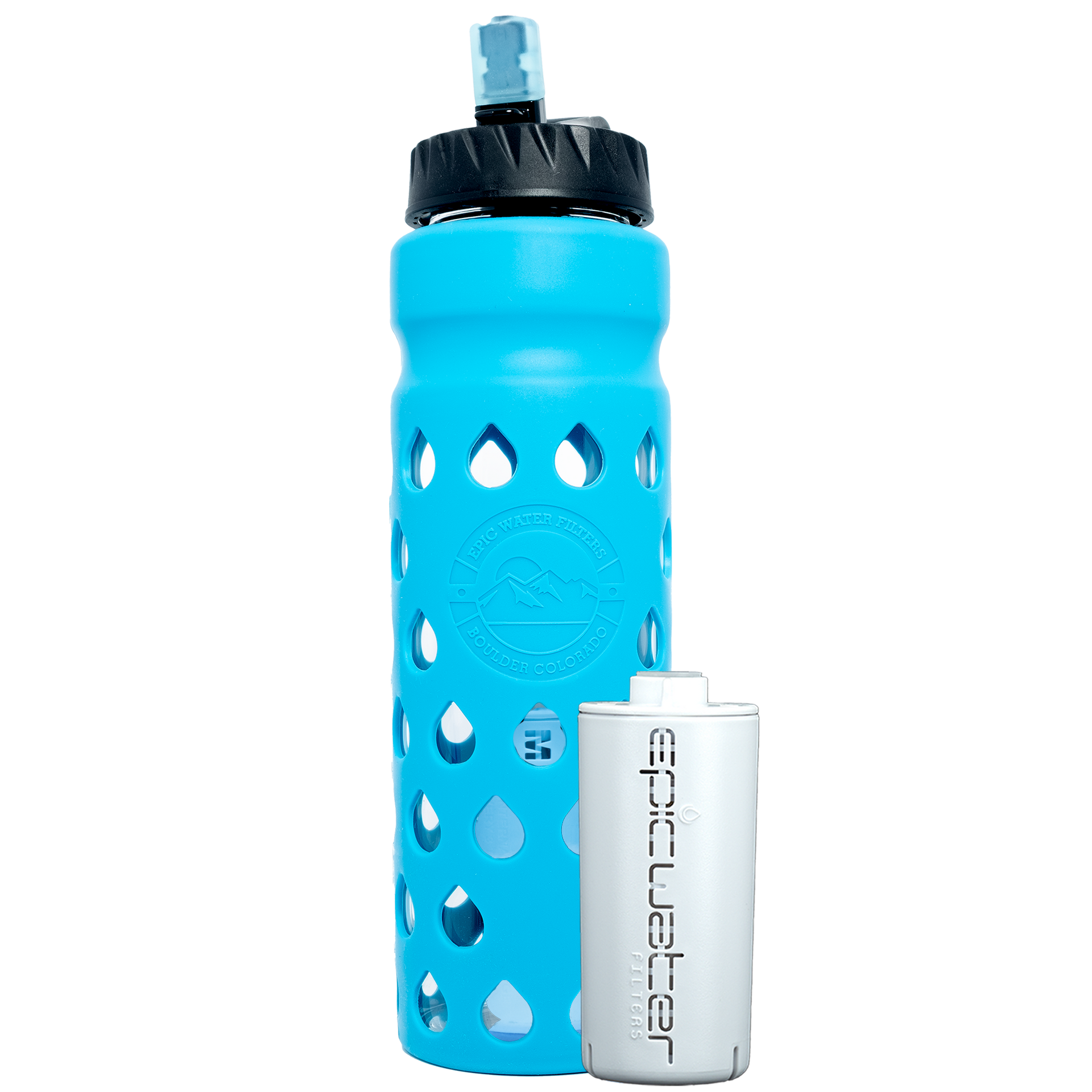 Blue Epic Escape Glass Bottle with Filter 32 oz