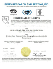 Epic Smart Shield Replacement Filter Certificate of Listing