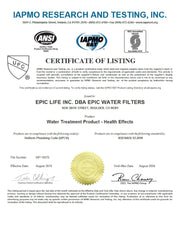 Epic Smart Shield Replacement Filter Certificate of Listing