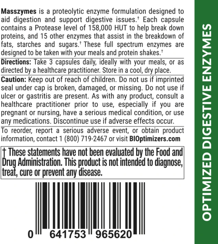 biOptimizers Masszymes Version 4.0 - Digestive Enzymes Back Label
