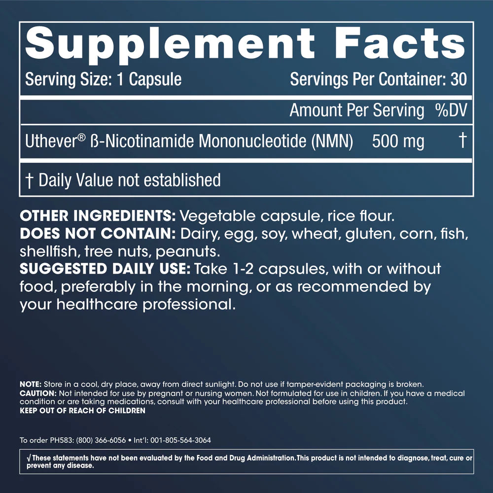 Supplement Facts OF Prohealth Longevity NMN Pro™ 500 - Uthever® NMN - 500 mg