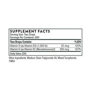 Thorne D3+K2 Supplement Facts Label